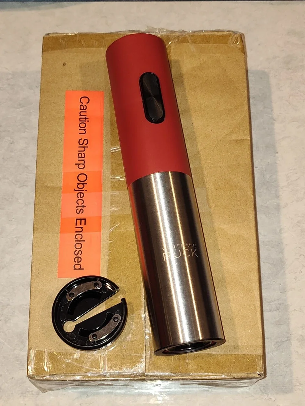NEW WOLFGANG PUCK RED & STAINLESS STEEL ELECTRIC WINE BOTTLE CORK OPENER